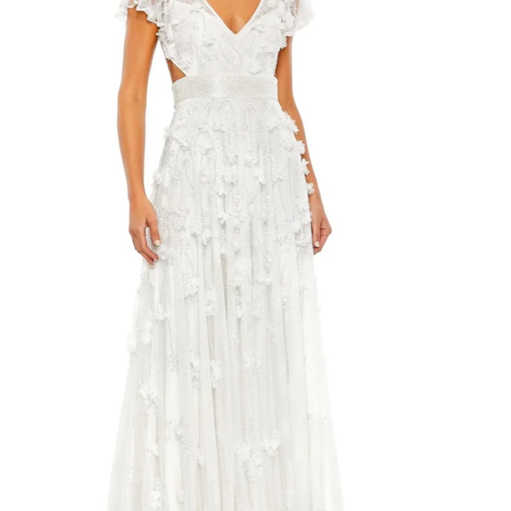 Mac Duggal White Gown with Floral Accents